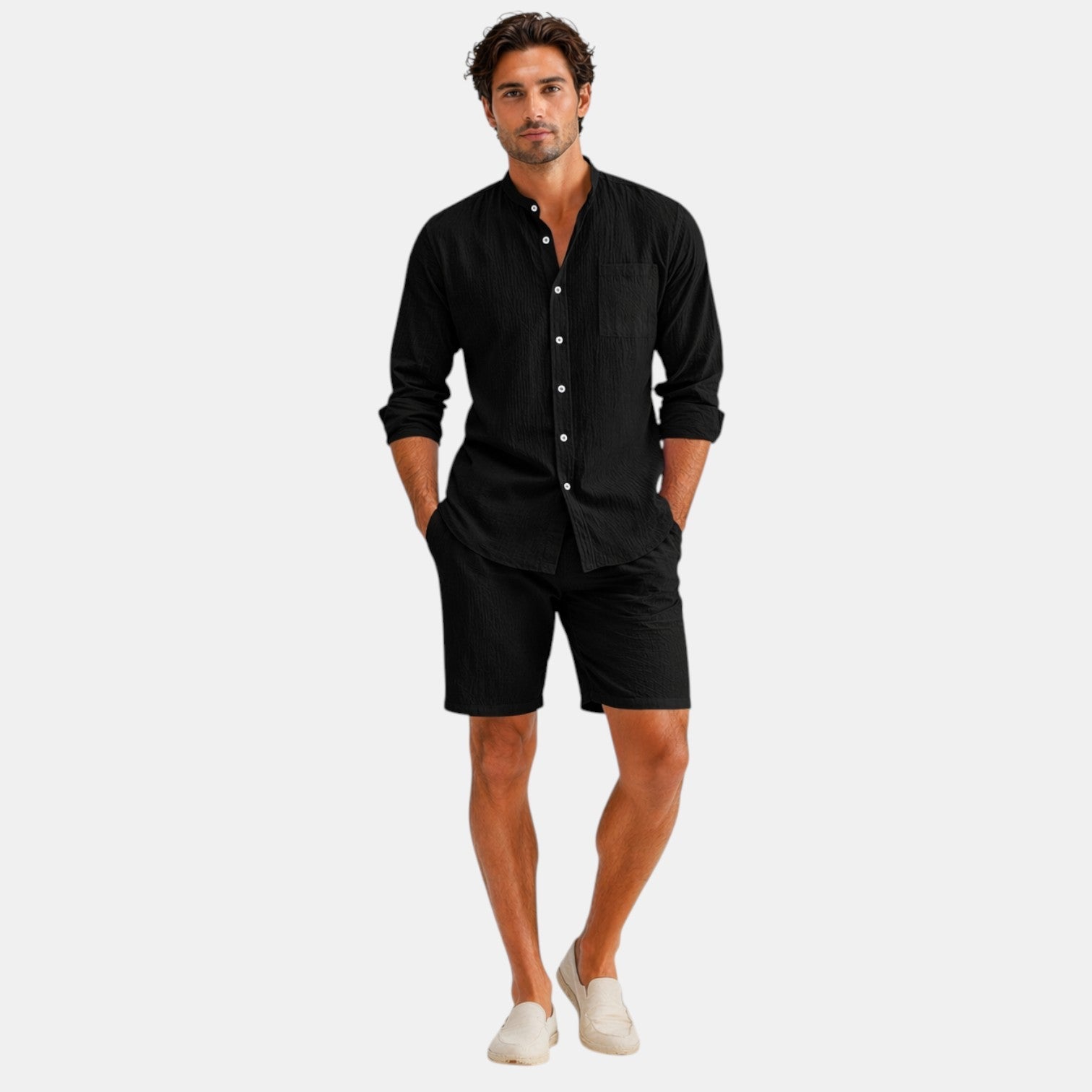mens linen summer set | matching shirt and pants outfit - back view