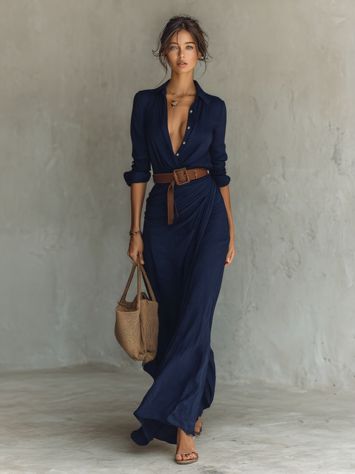 Women's Khaki Lapel Maxi Dress | Single Breasted Long Sleeve Belted Casual Dress