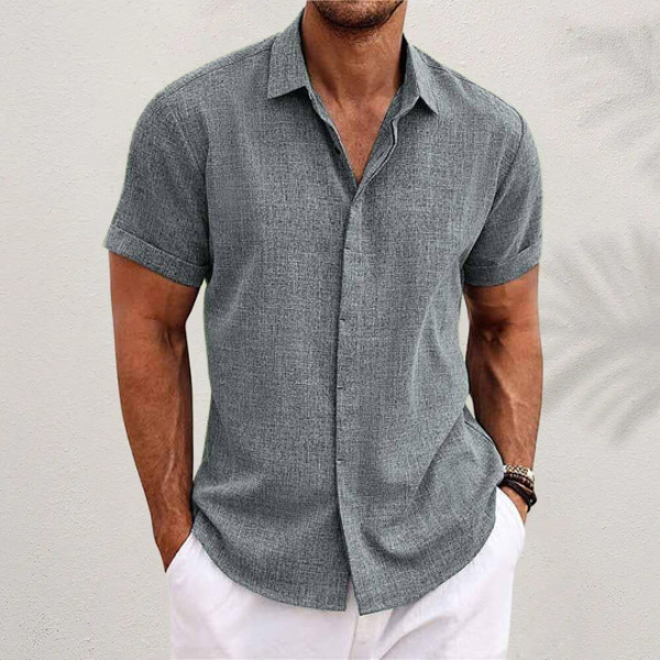mens short sleeve linen button-up shirt | lightweight summer top - full view