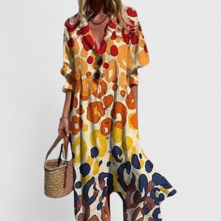 Women's White Floral Print Button-Down Midi Dress with Long Sleeves