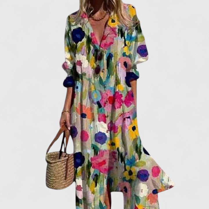 Women's White Floral Print Button-Down Midi Dress with Long Sleeves