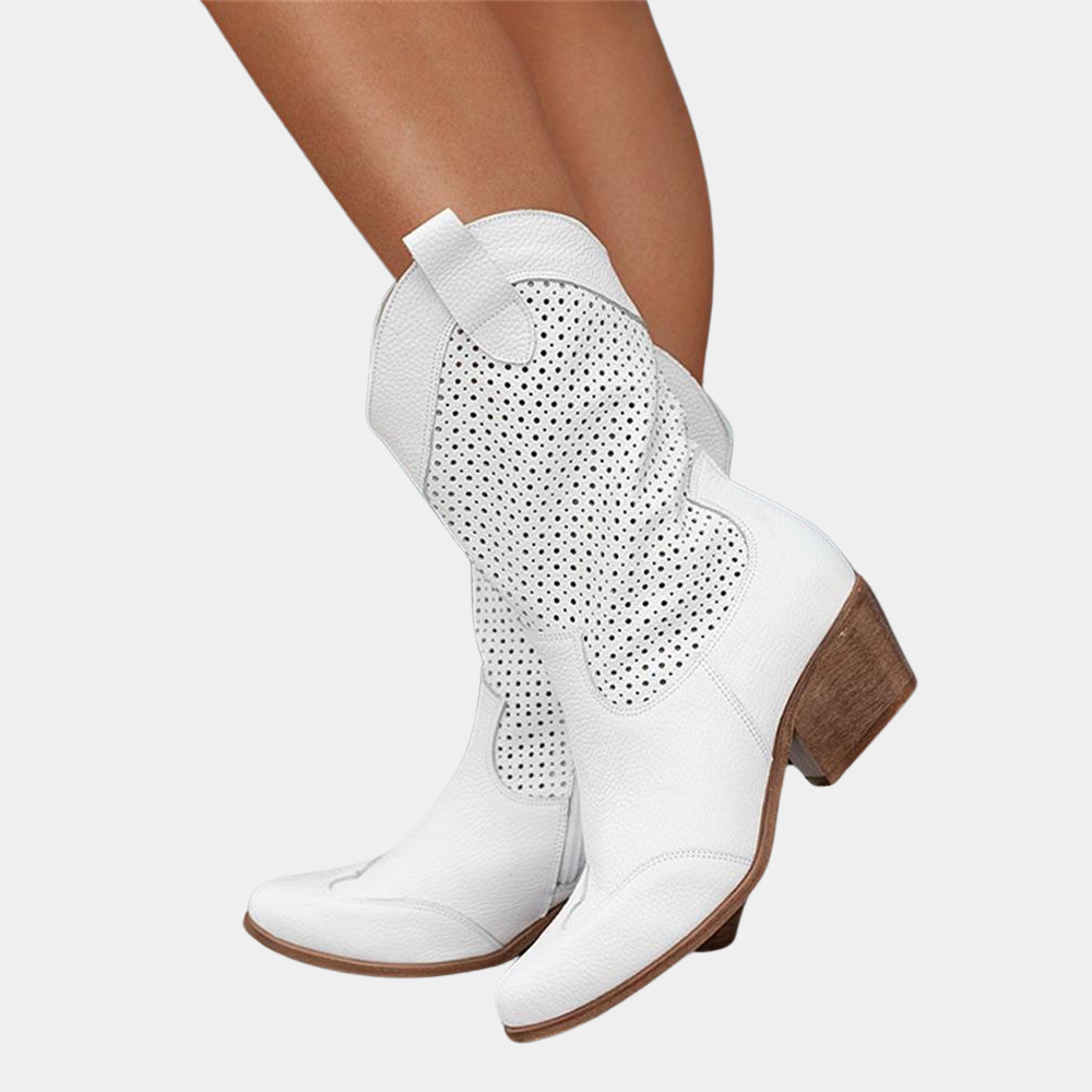 Women's Perforated Mid-Calf Western Cowboy Boots Block Heel Pointed Toe