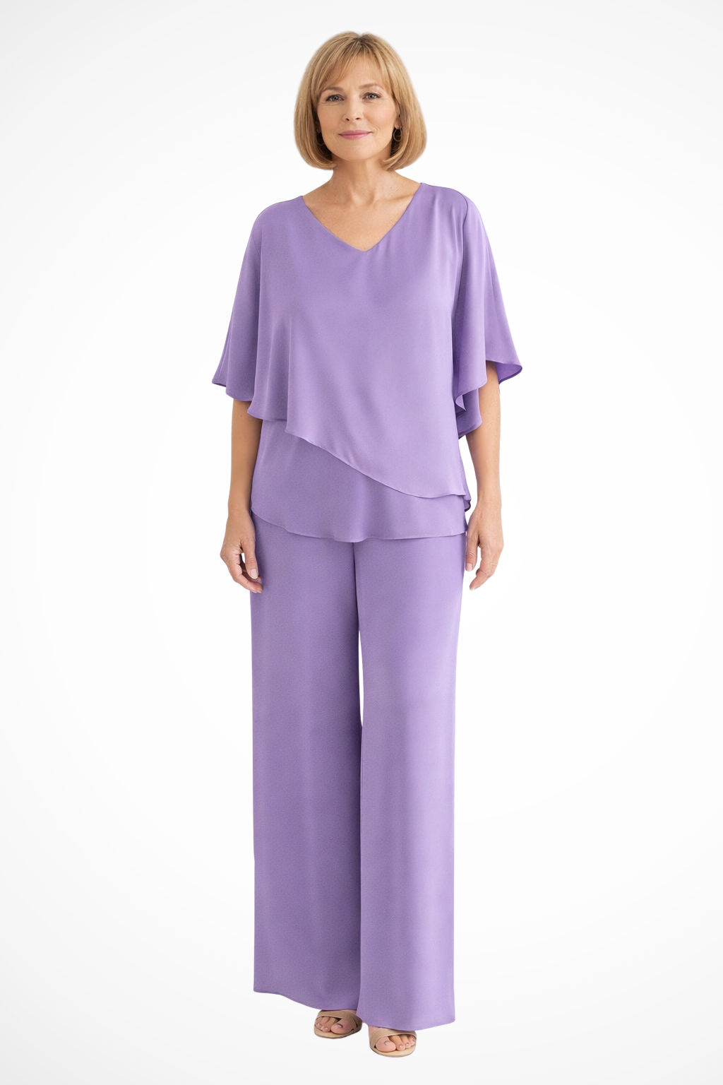 Women's V-Neck Flutter Sleeve Chiffon Top and Wide Leg Pants Two-Piece Set