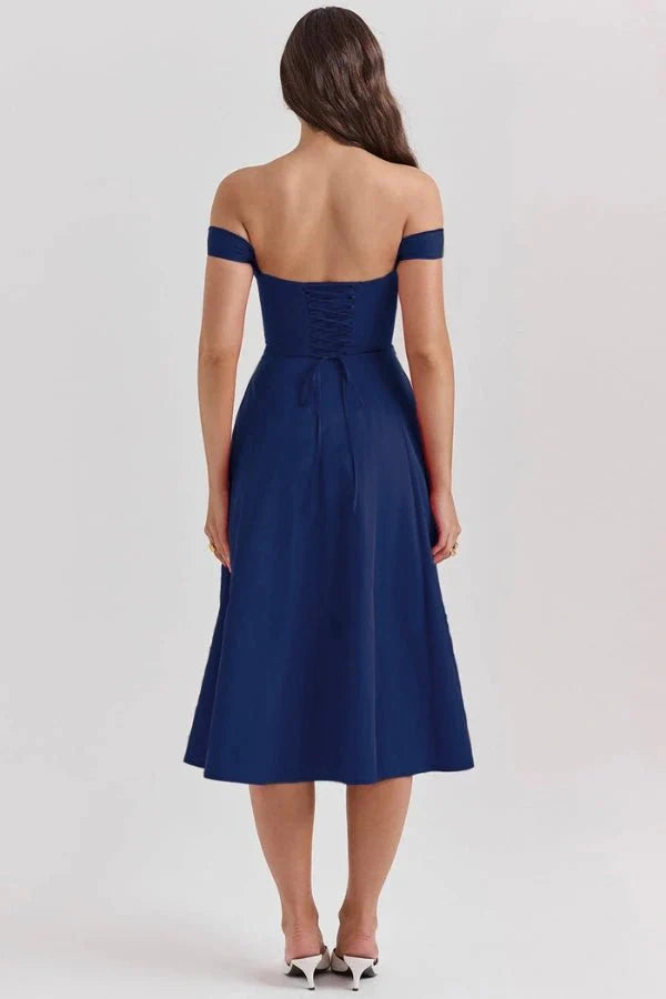 Women's Off Shoulder Sweetheart A-Line Midi Dress with Slit Wedding Guest