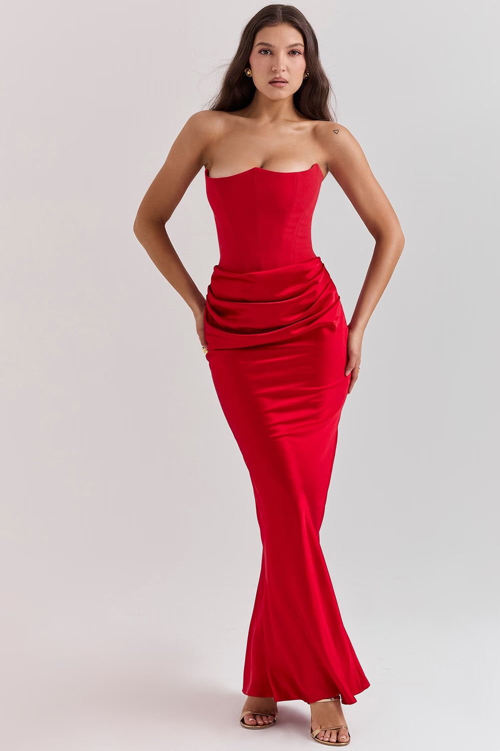Women's Brown Strapless Ruched Fitted Maxi Evening Dress Wedding Guest