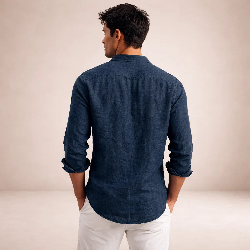 Men's Regular Fit Long Sleeve Linen Shirt | Open Collar Breathable Top