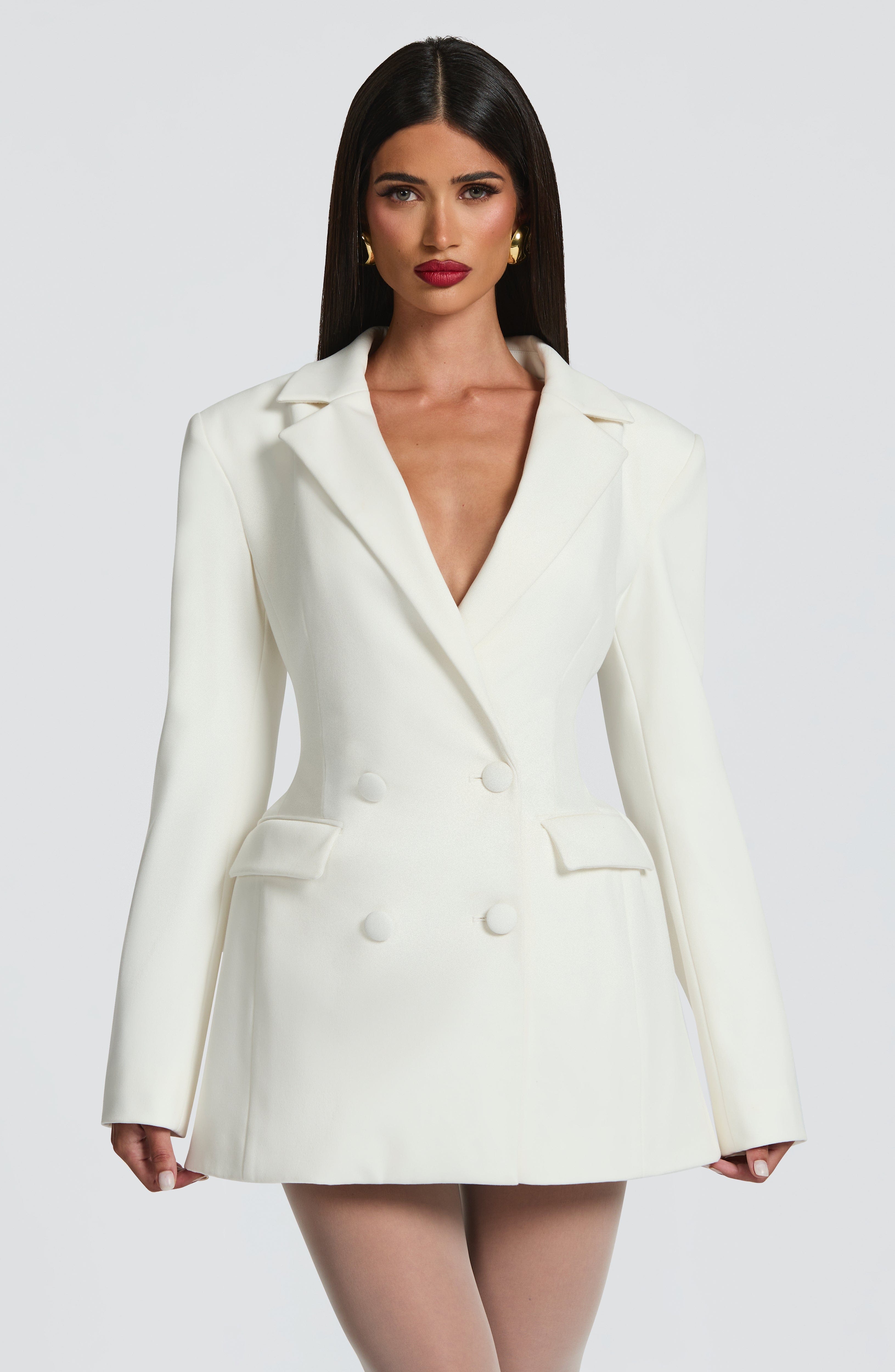 Women's Blazer Style Deep V-Neck Long Sleeve Tailored Mini Dress Office Chic
