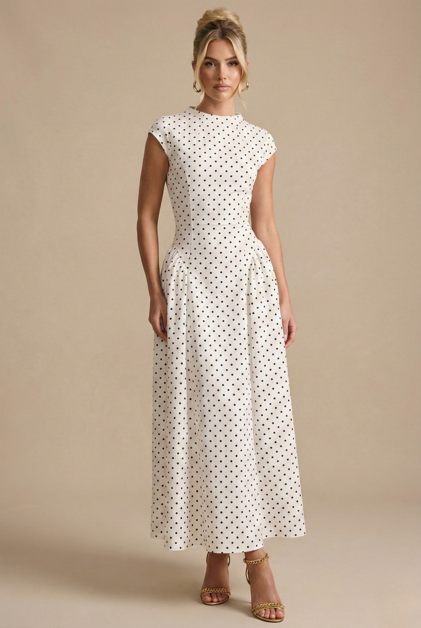 Women's White Polka Dot Maxi Dress | Round Neck A-Line Casual Summer Dress