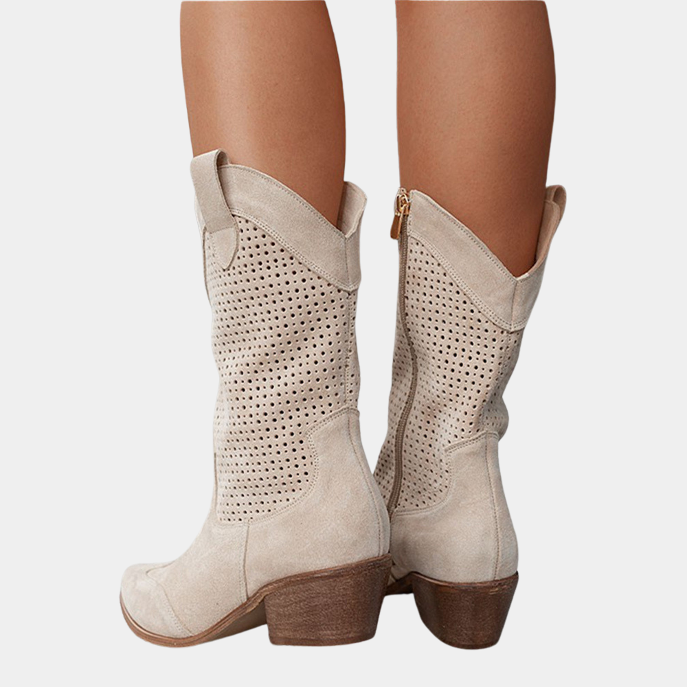 Women's Perforated Mid-Calf Western Cowboy Boots Block Heel Pointed Toe