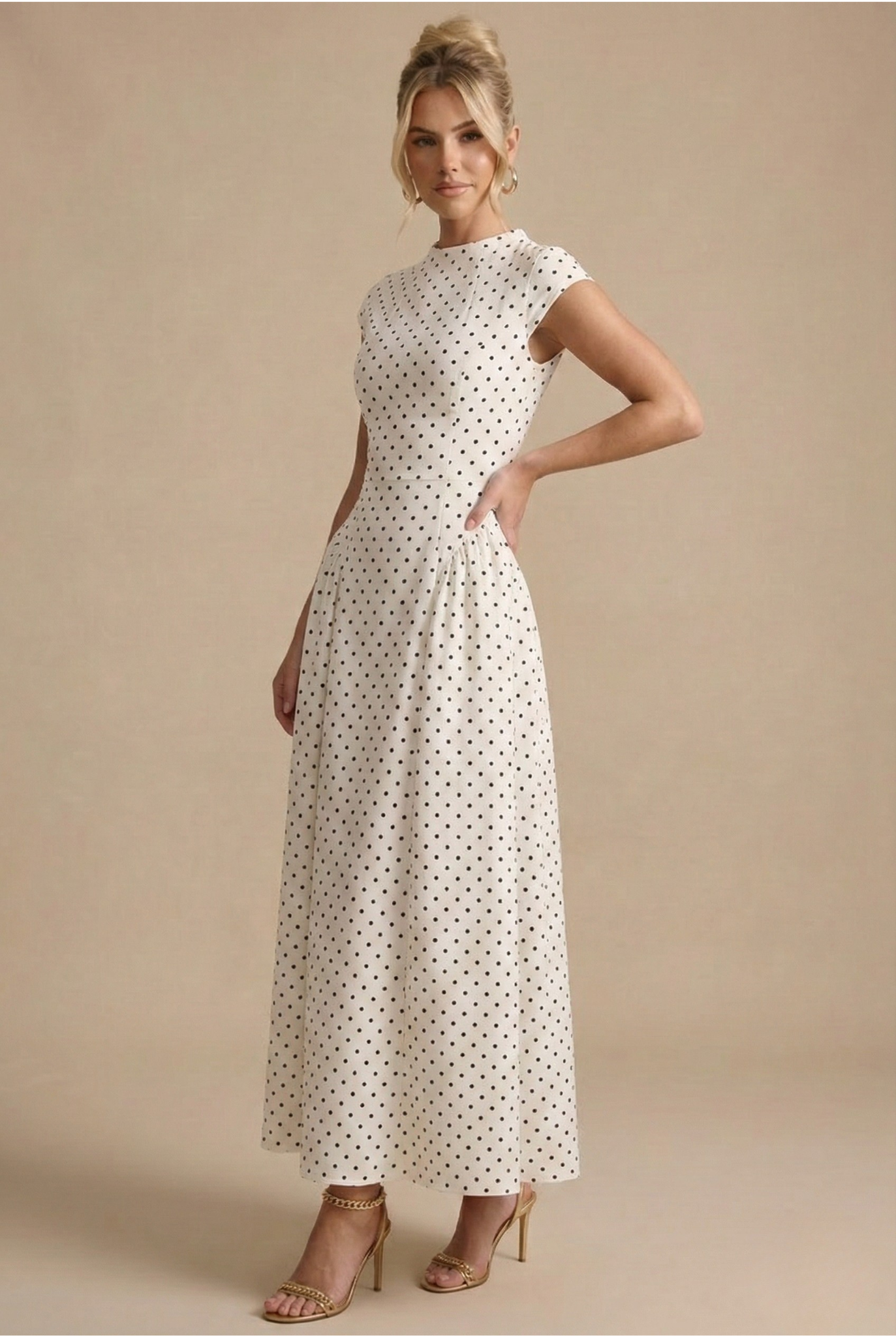 Women's White Polka Dot Maxi Dress | Round Neck A-Line Casual Summer Dress