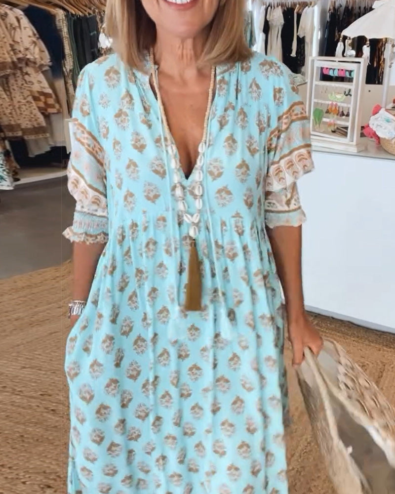 Women's Printed V-Neck Flutter Sleeve Tassel Waist Flowy Maxi Dress Boho Resort