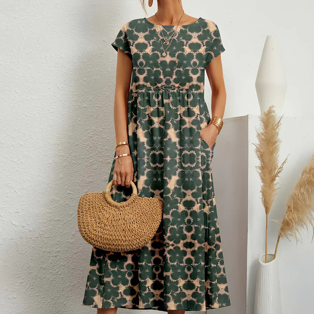 Women's Printed Round Neck Short Sleeve Tiered Midi Dress with Pockets Boho Casual