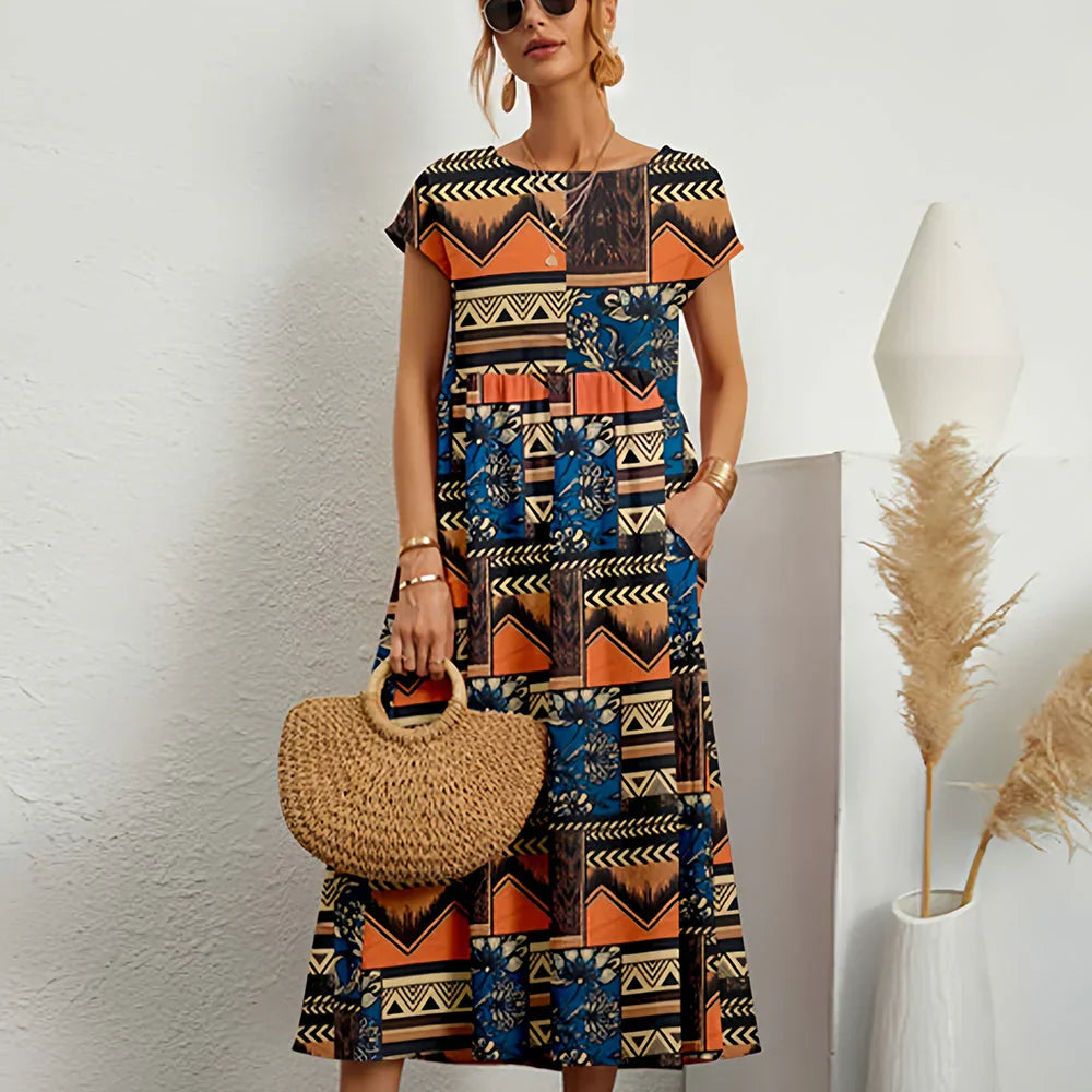 Women's Printed Round Neck Short Sleeve Tiered Midi Dress with Pockets Boho Casual