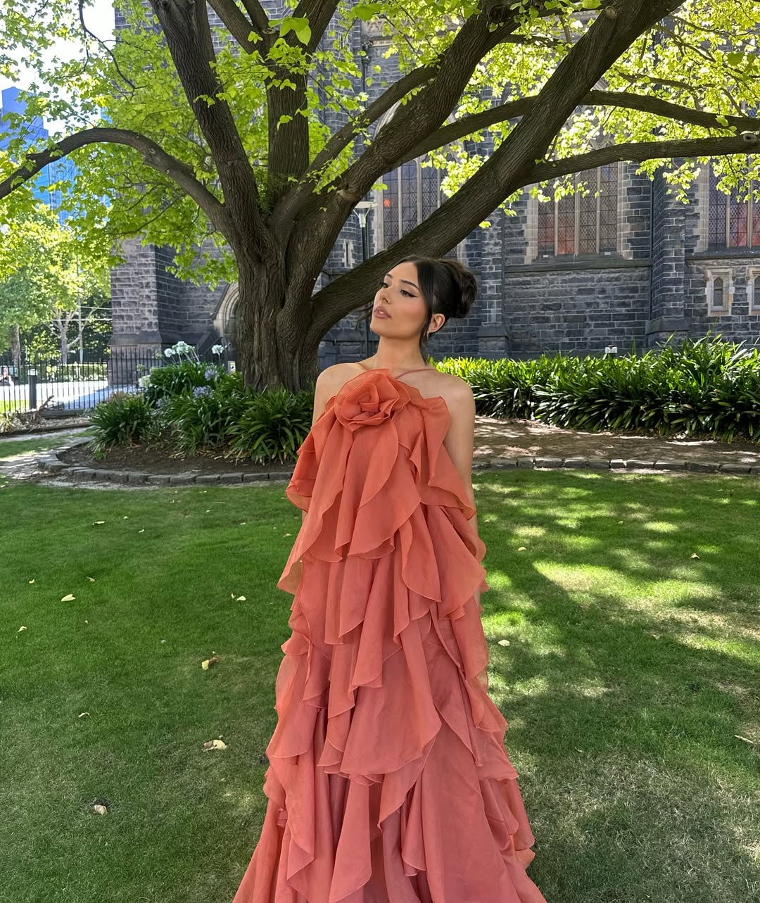 Women's Orange Sleeveless Layers Ruffles Maxi Prom Dress