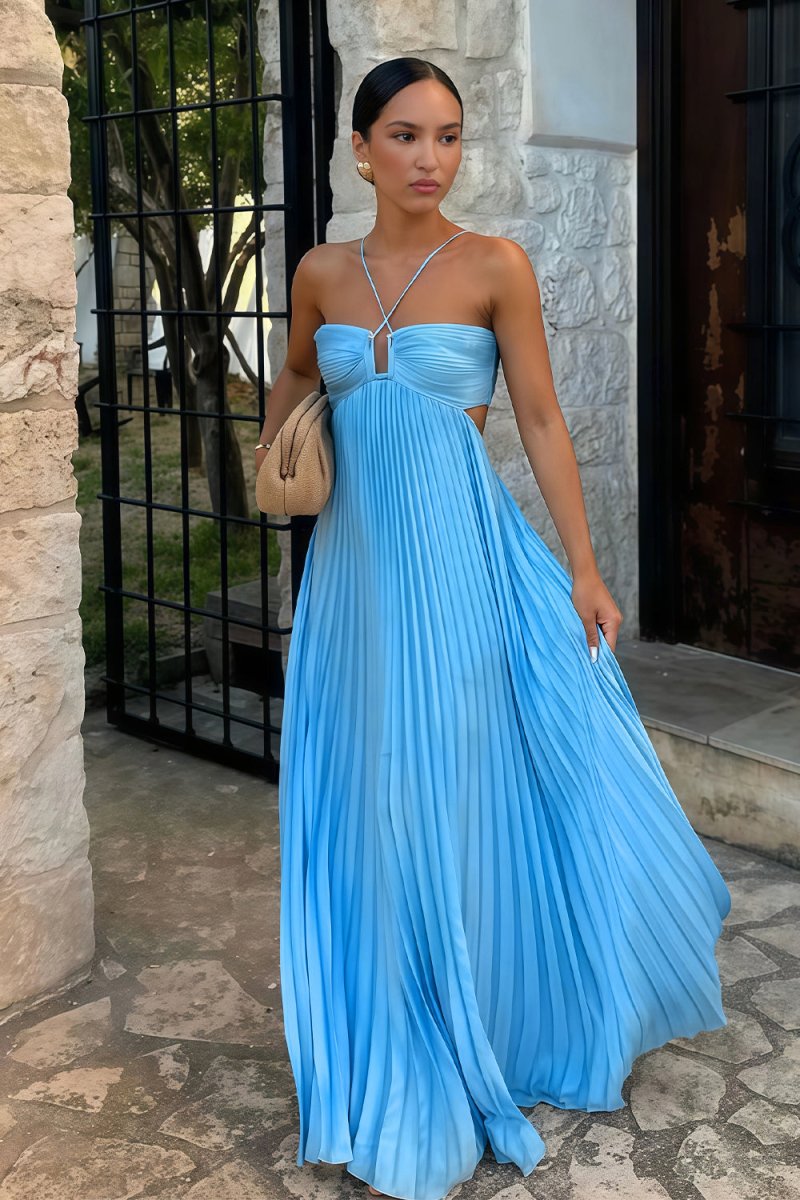 Women's Blue Halter Pleated Maxi Prom Dress