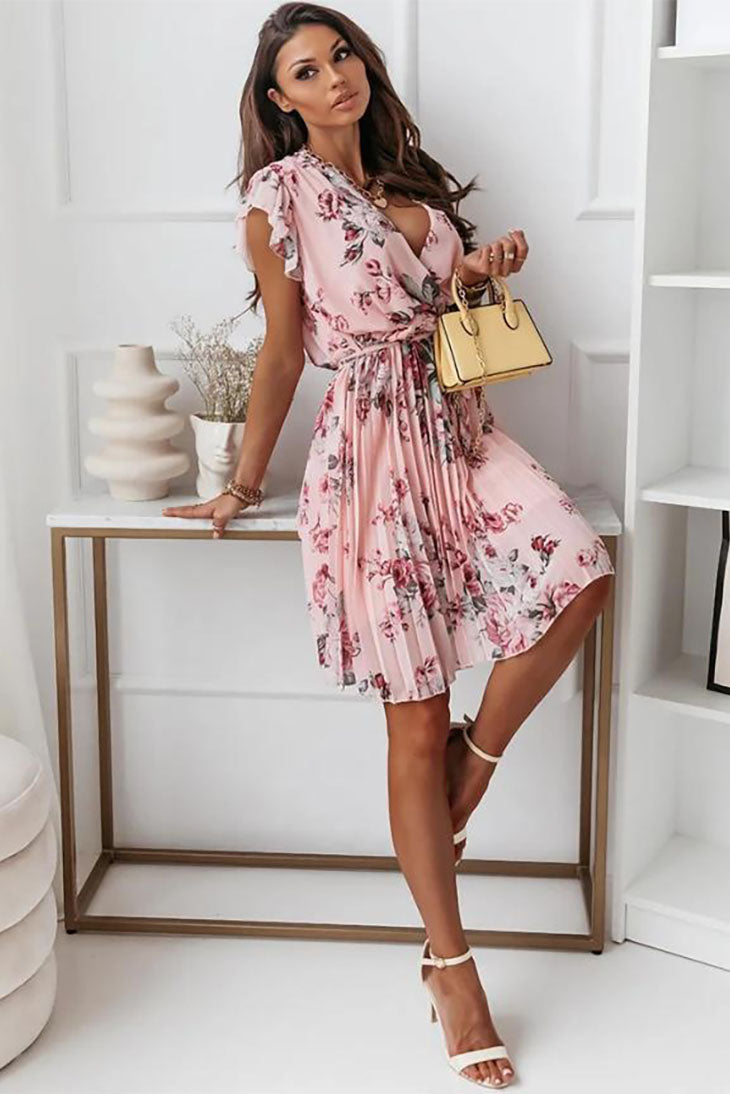 Women's Black Floral V-Neck Wrap Midi Dress | Boho Flutter Sleeves