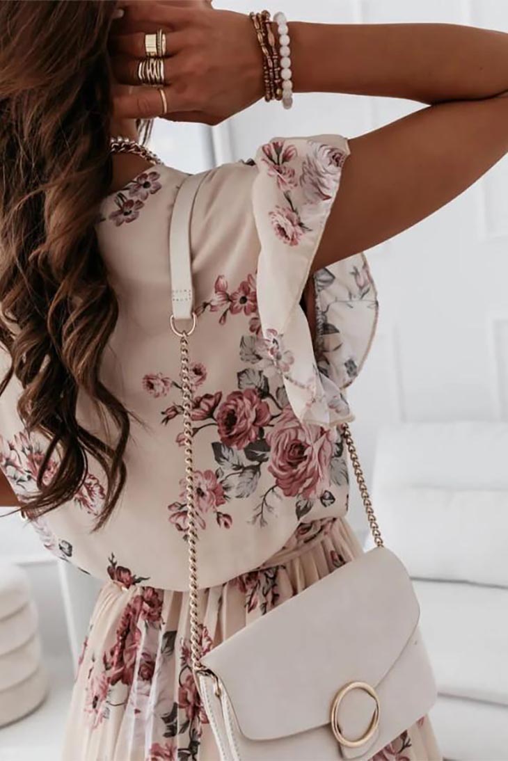 Women's Black Floral V-Neck Wrap Midi Dress | Boho Flutter Sleeves