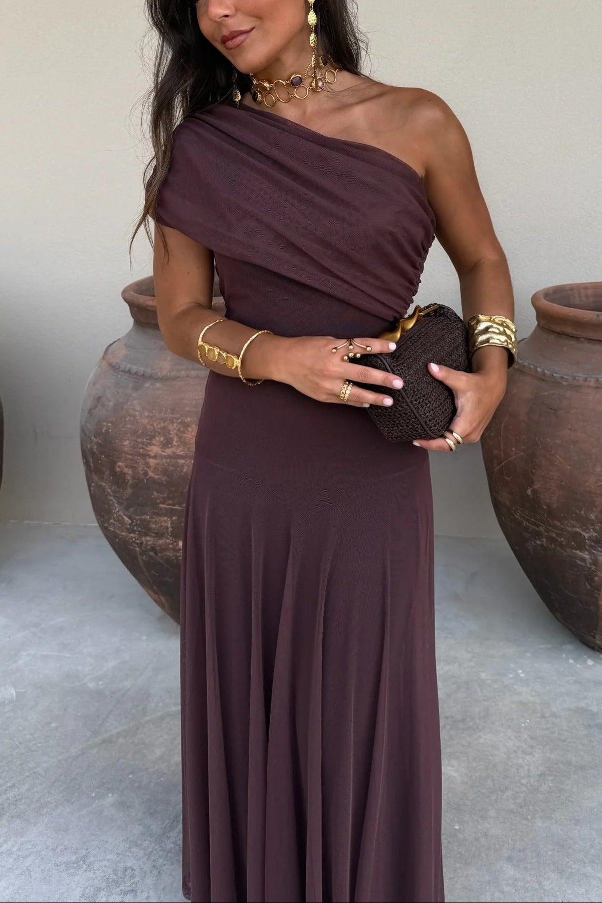 Women's Brown One-Shoulder Mesh Maxi Summer Dress