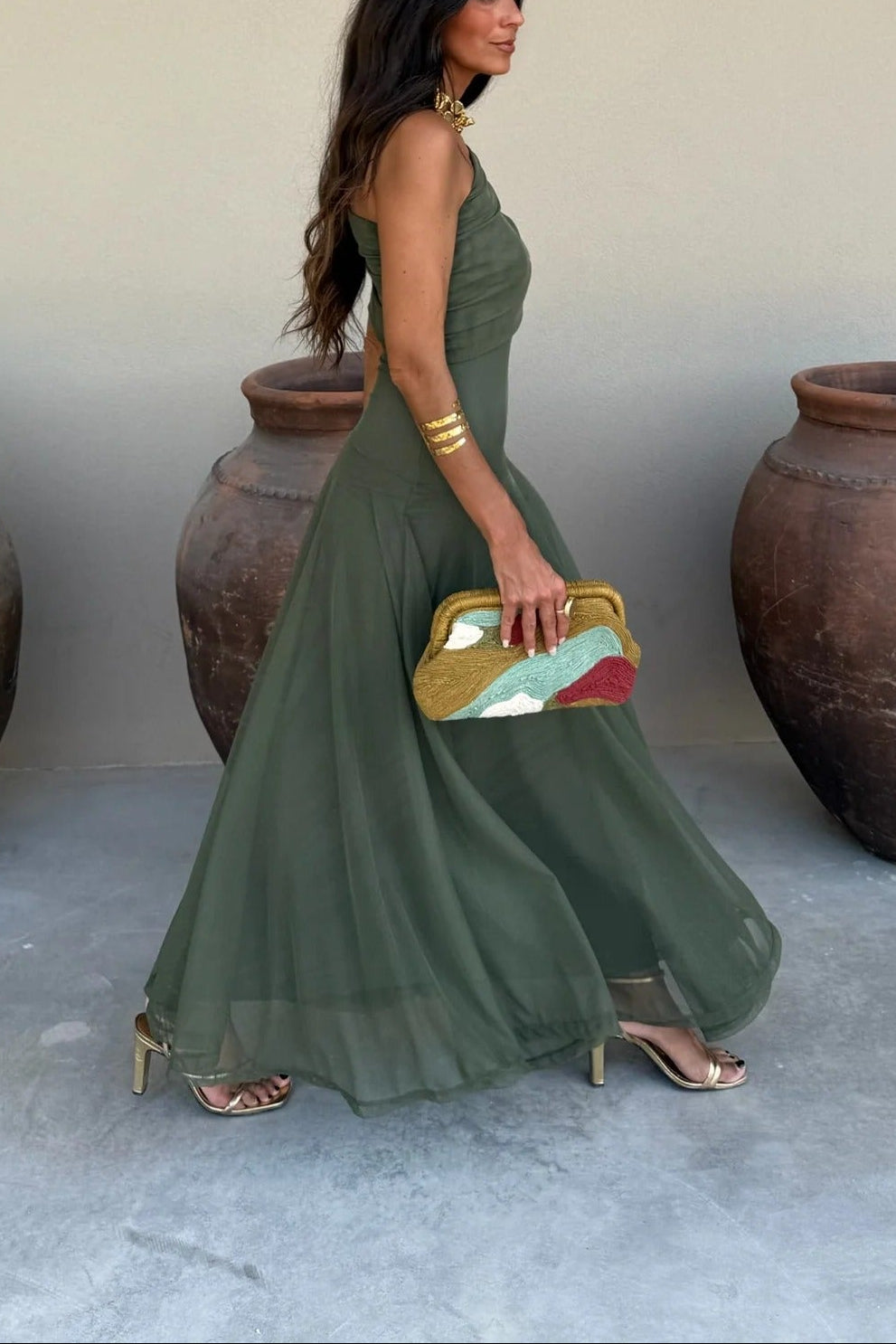 Women's Brown One-Shoulder Mesh Maxi Summer Dress