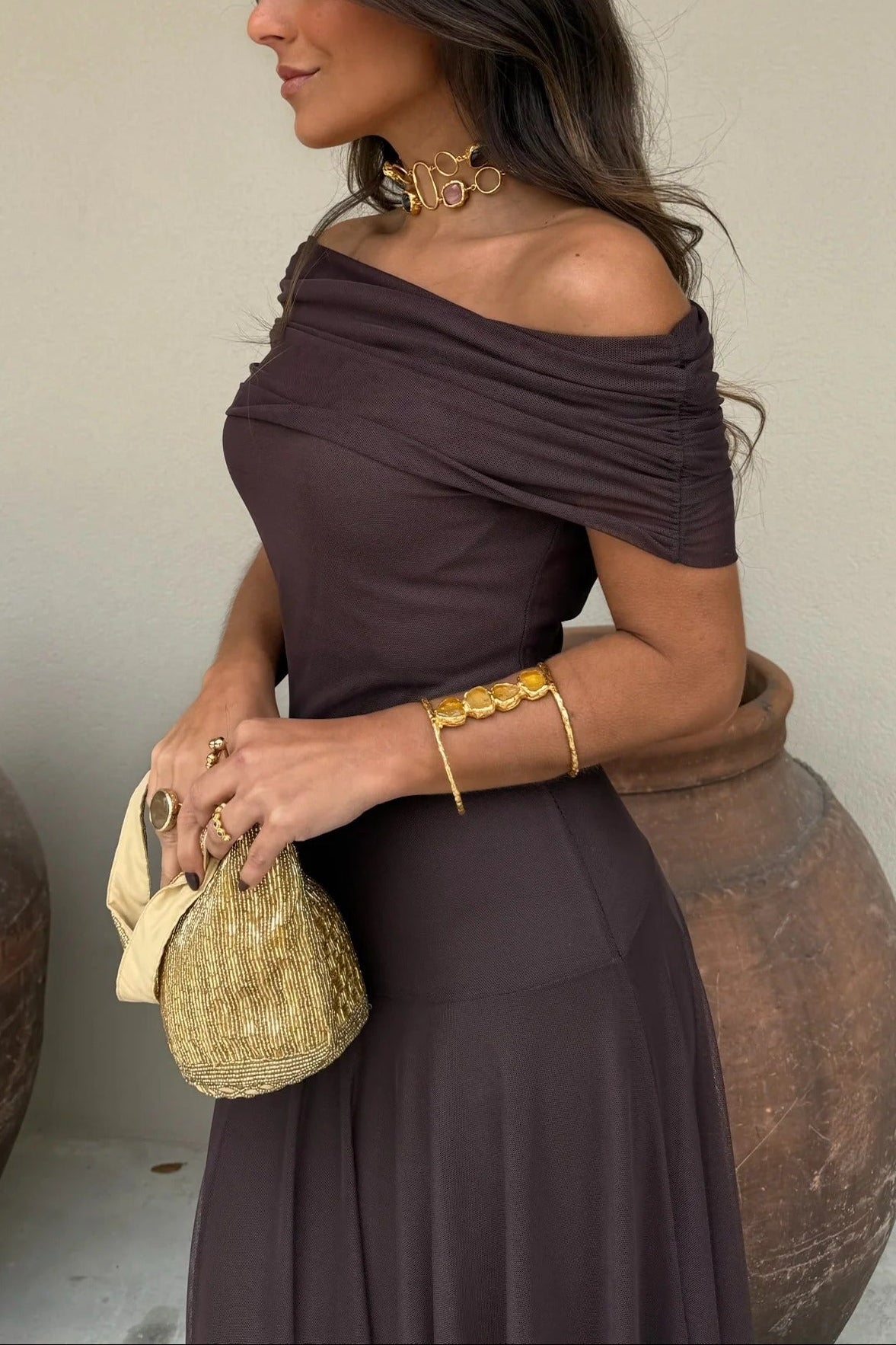 Women's Brown One-Shoulder Mesh Maxi Summer Dress