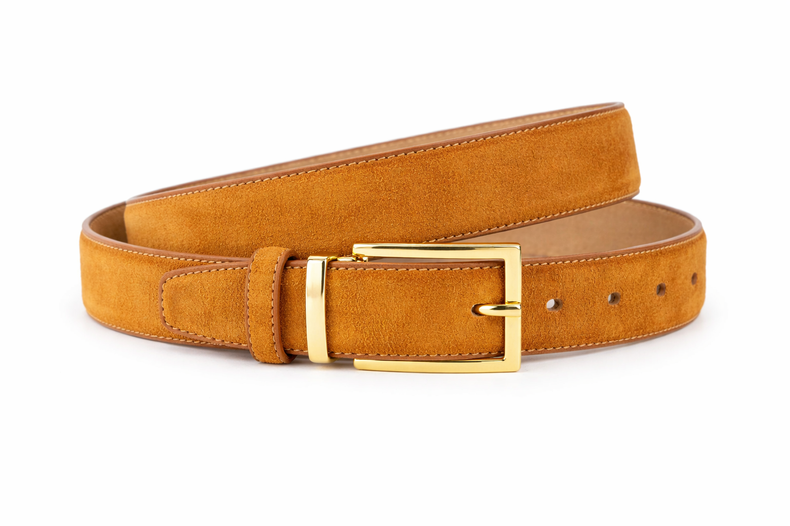 Mens Camel Suede Belt With Gold Buckle