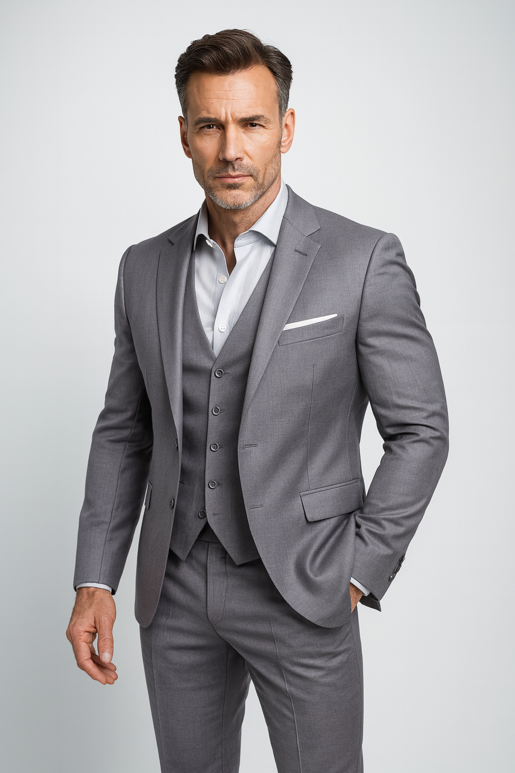 Men's elegant 3-piece suit with vest, back view