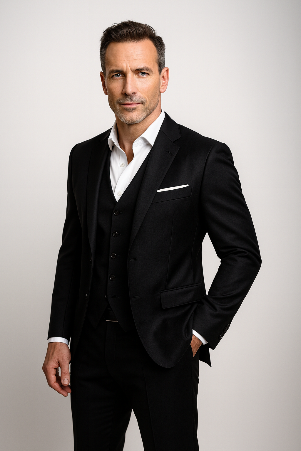 Men's elegant 3-piece suit with vest, side view