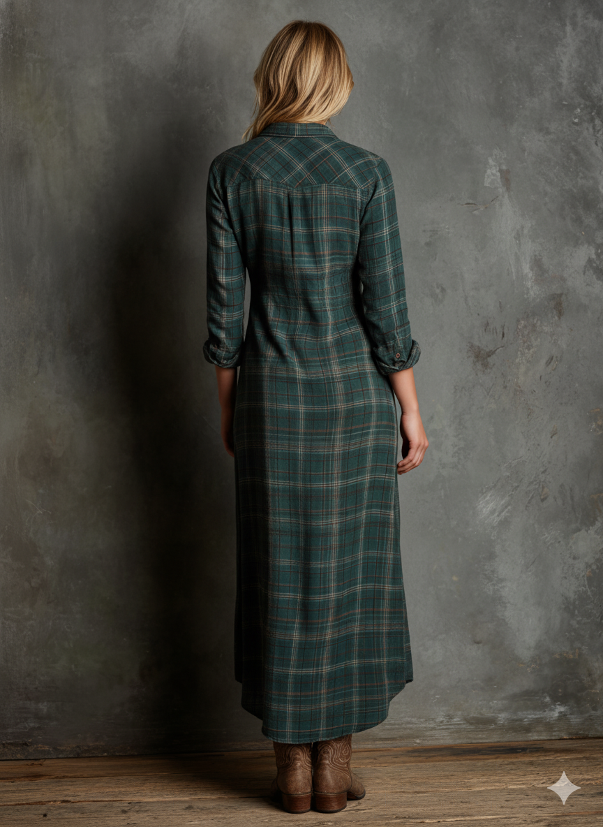 Women's Green Plaid Shirt Maxi Dress | Lapel Single-Breasted Casual Everyday Dress