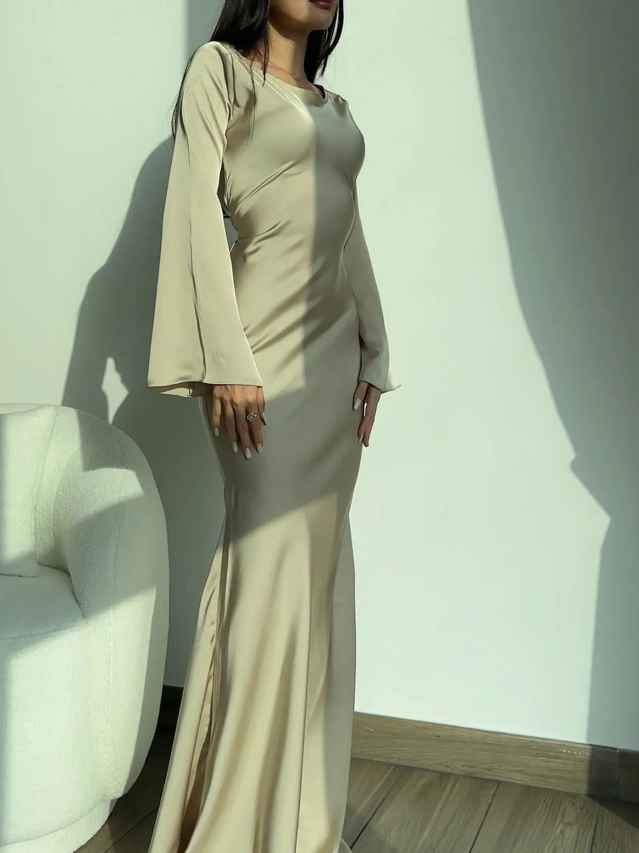 Women's Ivory Long Sleeve Maxi Dress | Casual Elegant Floor Length Everyday Dress