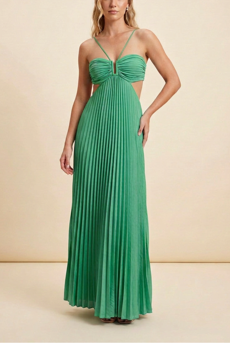 Women's Blue Halter Pleated Maxi Prom Dress