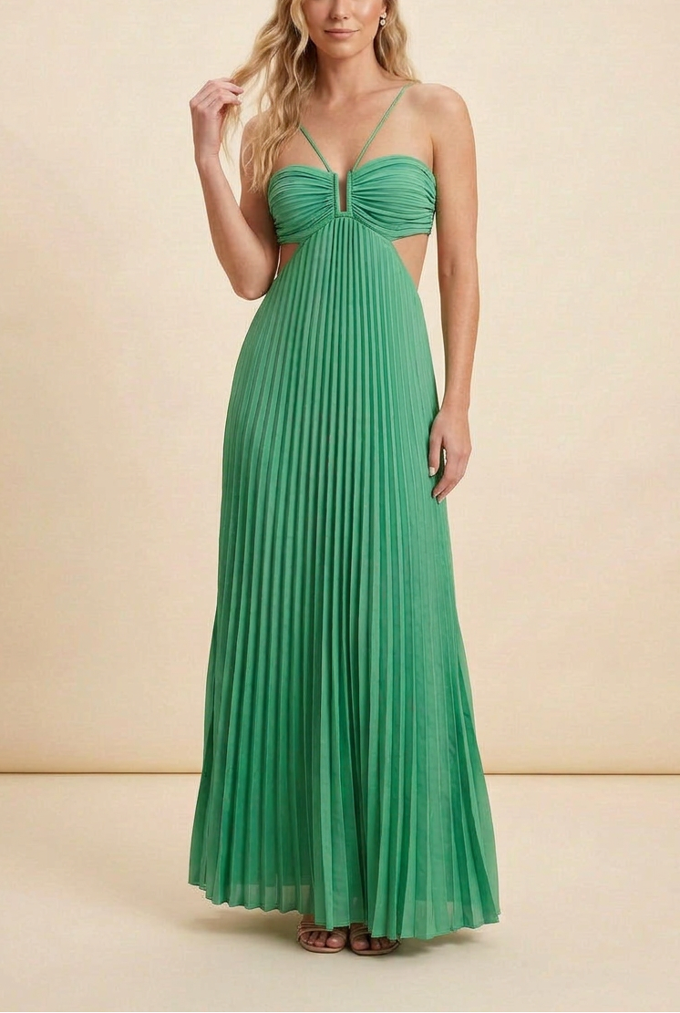 Women's Blue Halter Pleated Maxi Prom Dress