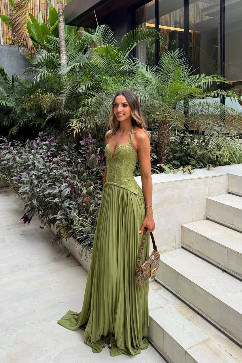 Women's Green Pleated Corset Maxi Wedding Guest Dress
