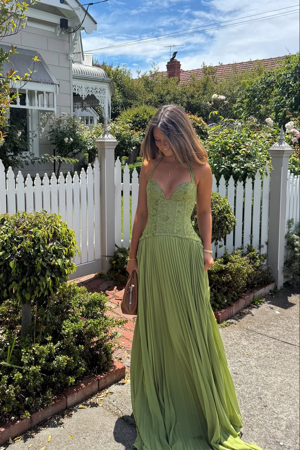 Women's Green Pleated Corset Maxi Wedding Guest Dress