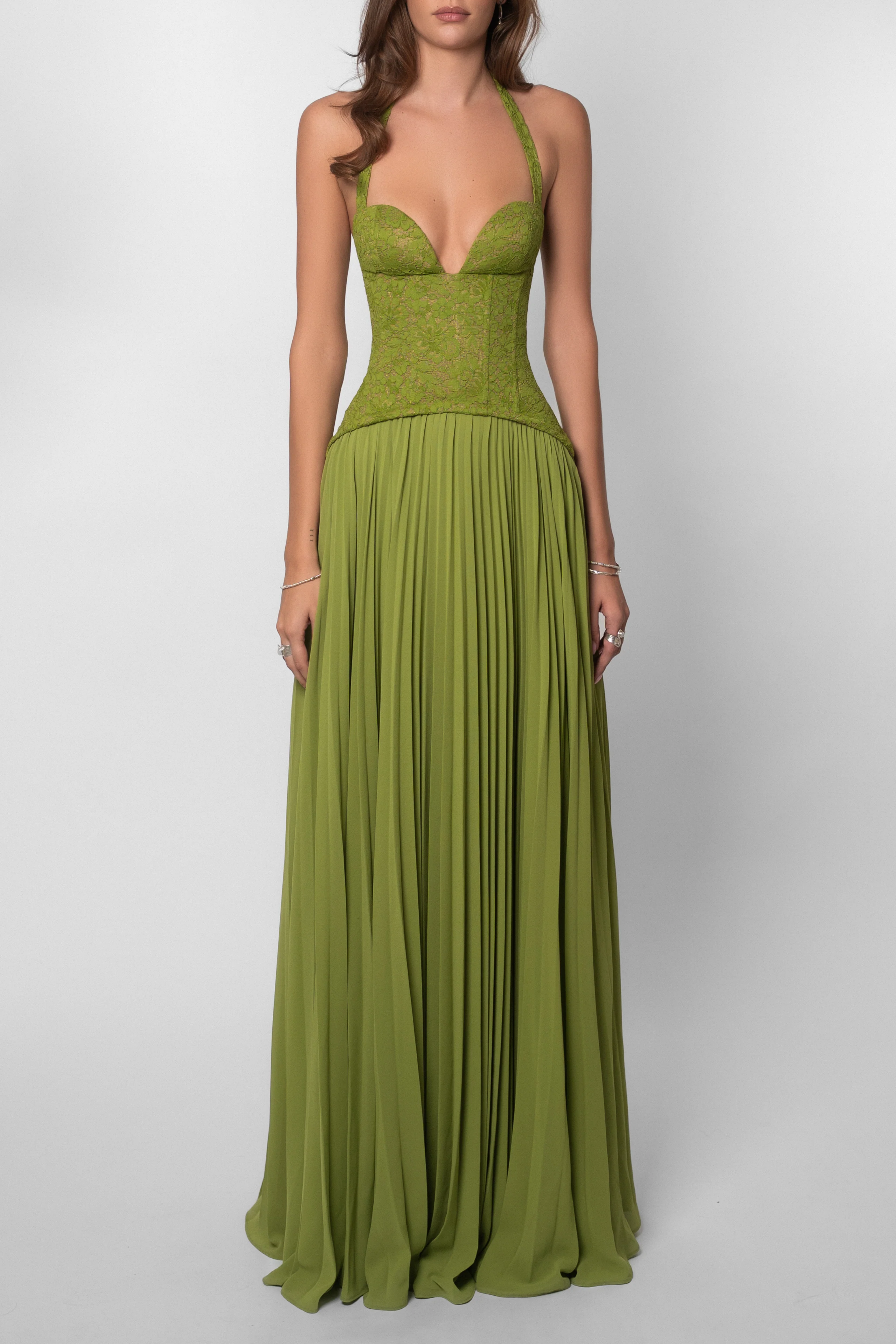Women's Green Pleated Corset Maxi Wedding Guest Dress