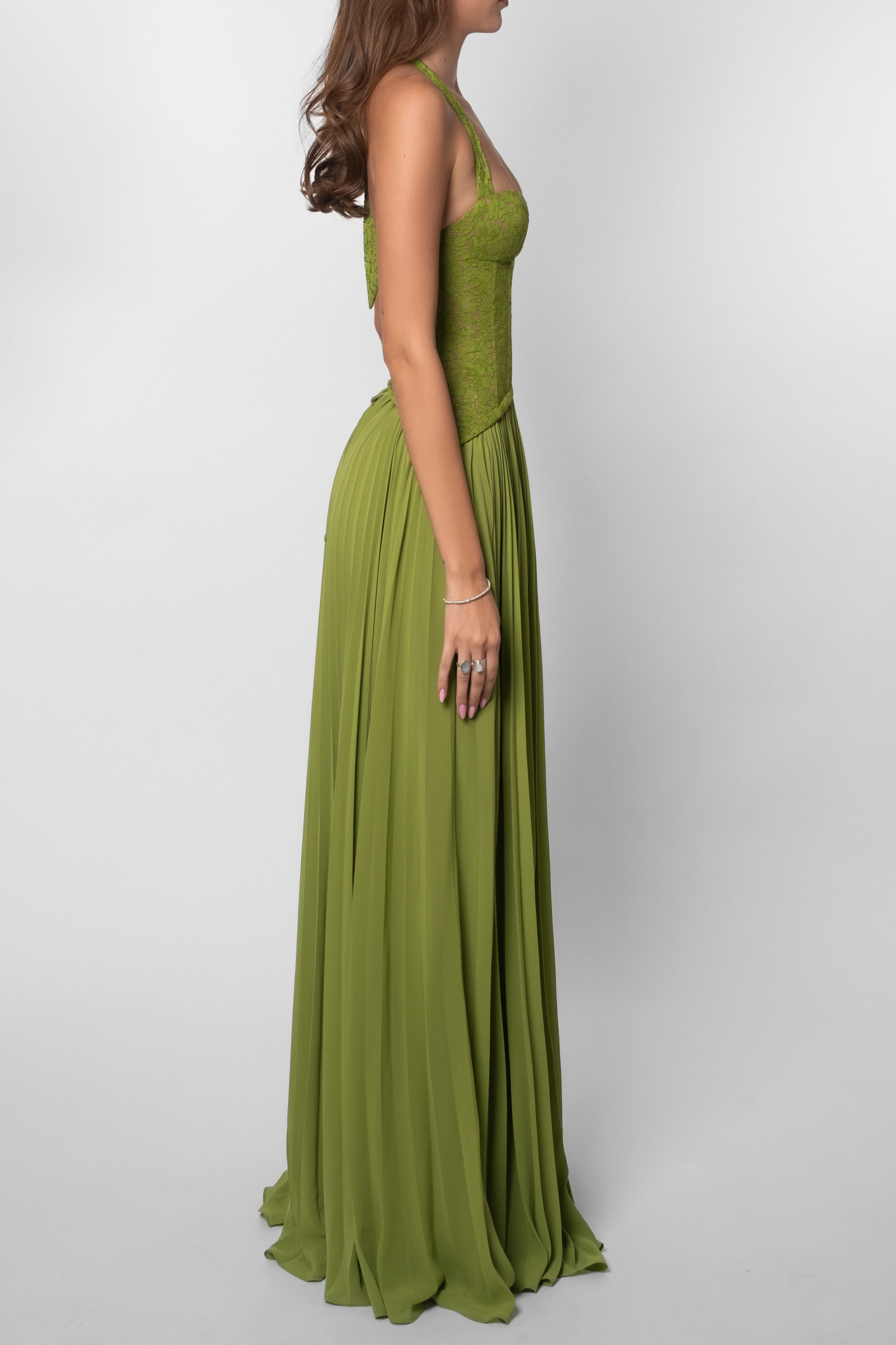 Women's Green Pleated Corset Maxi Wedding Guest Dress