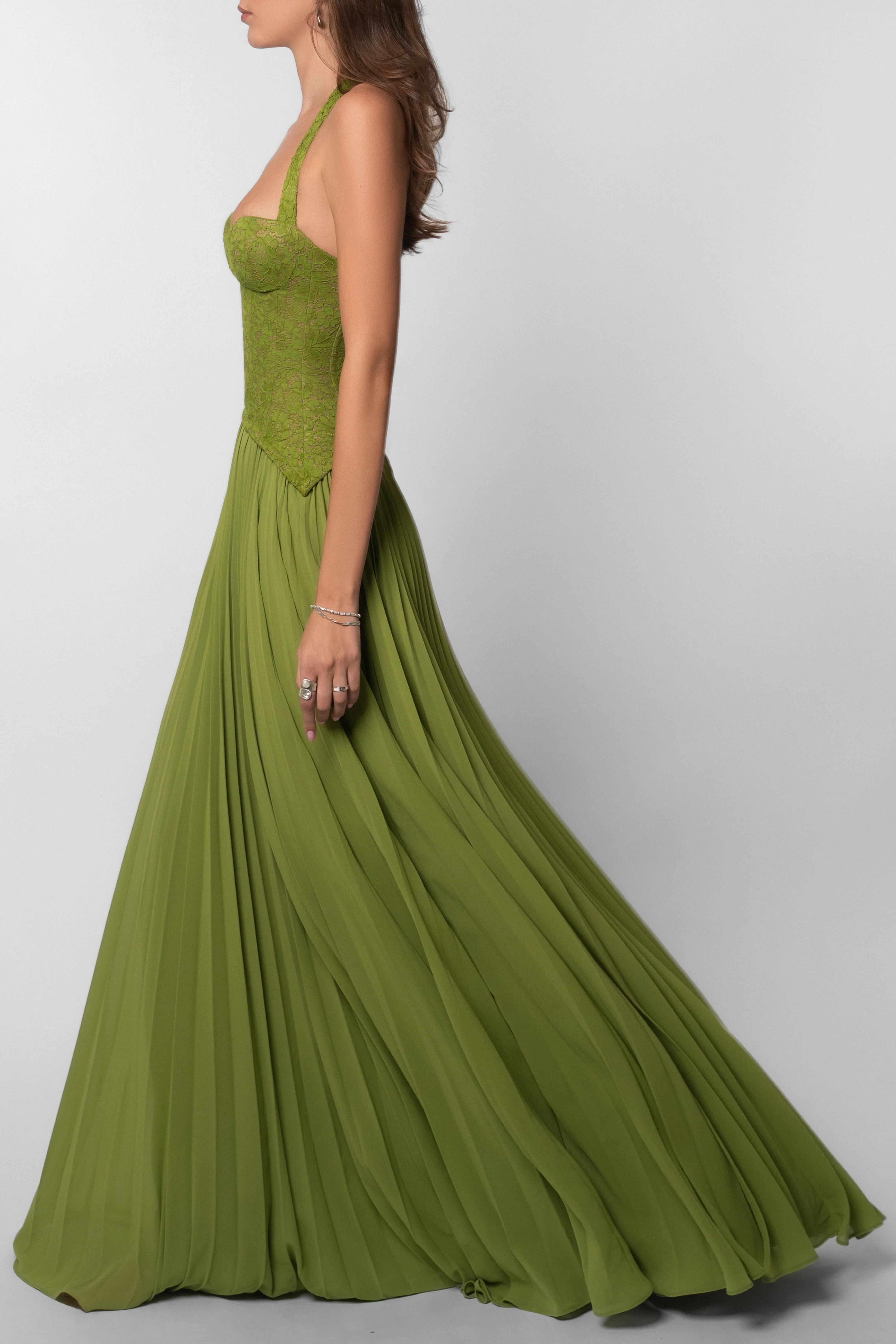 Women's Green Pleated Corset Maxi Wedding Guest Dress