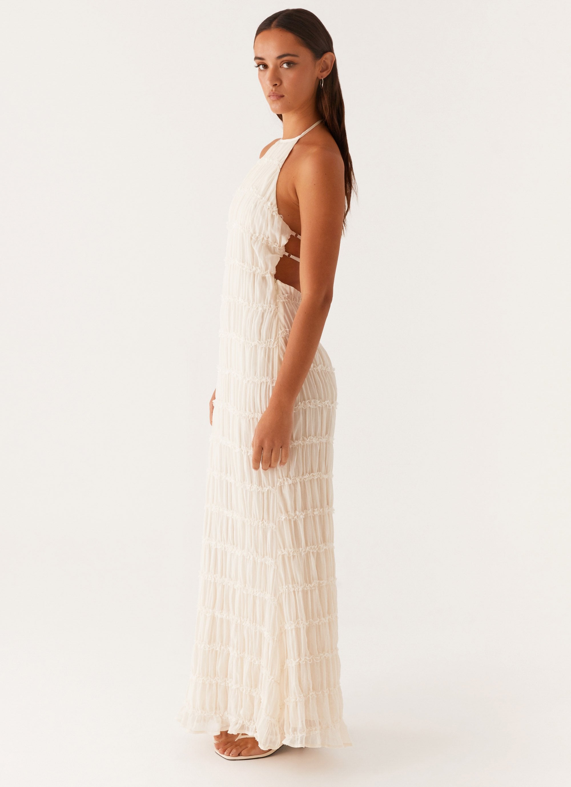 Women's Black Halter Neck Open Back Textured Maxi Evening Dress Wedding Guest