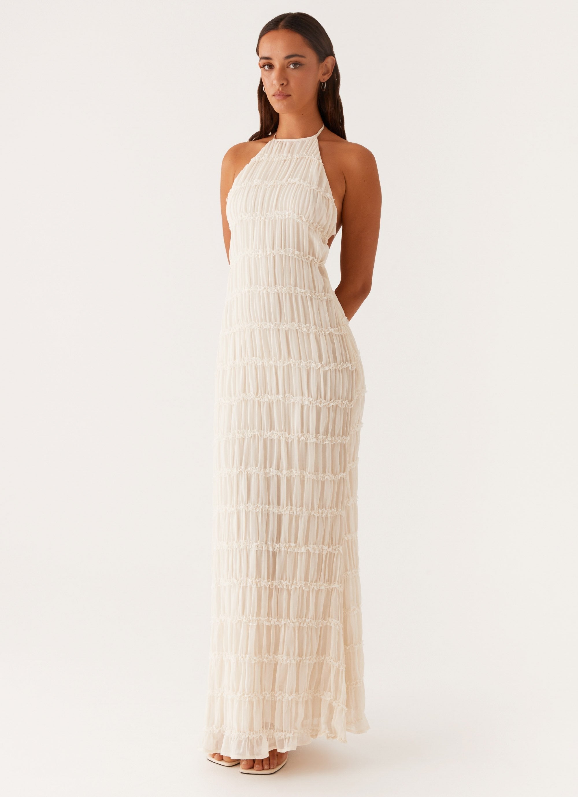 Women's Black Halter Neck Open Back Textured Maxi Evening Dress Wedding Guest