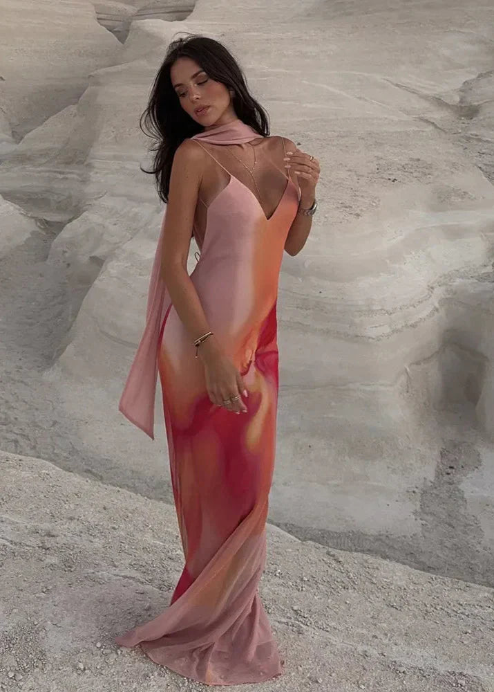 Women's Open-Back Ombre Satin Maxi Dress | Spaghetti Strap Formal