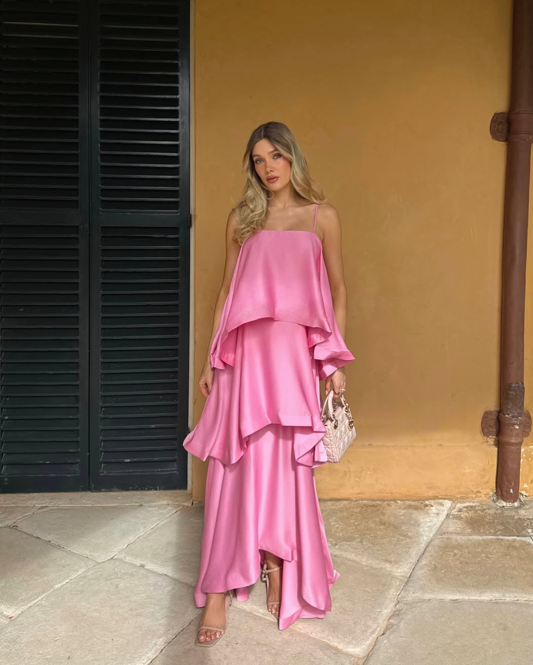Women's Tiered Ruffle Satin Maxi Dress | Spaghetti Strap Wedding Guest