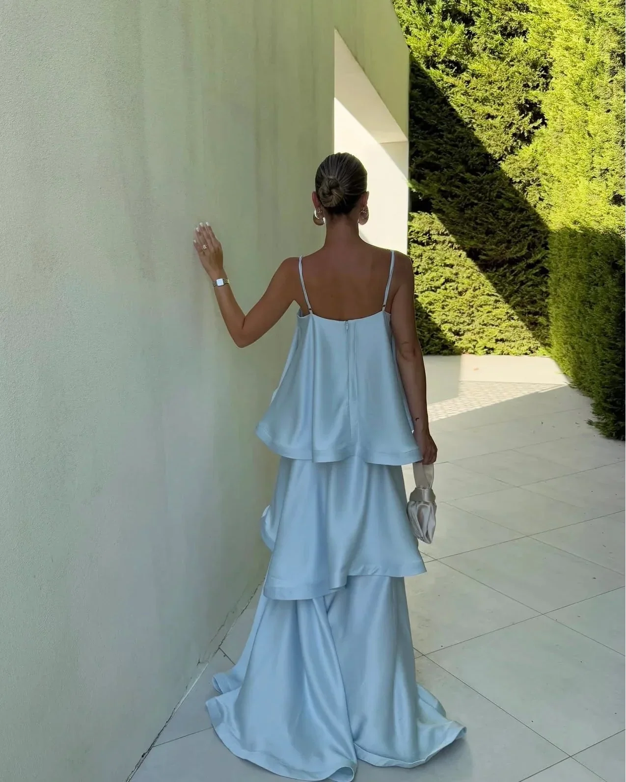 Women's Tiered Ruffle Satin Maxi Dress | Spaghetti Strap Wedding Guest