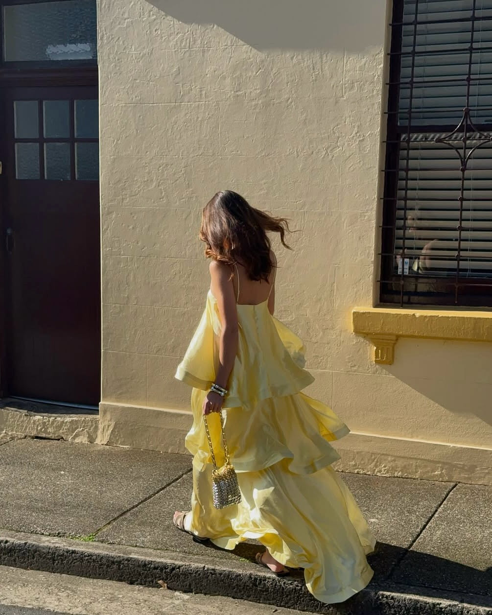 Women's Tiered Ruffle Satin Maxi Dress | Spaghetti Strap Wedding Guest