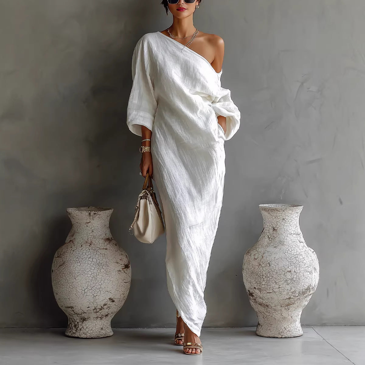 Women's Gray Slanted Neckline Lantern Sleeve Loose Fit Maxi Dress