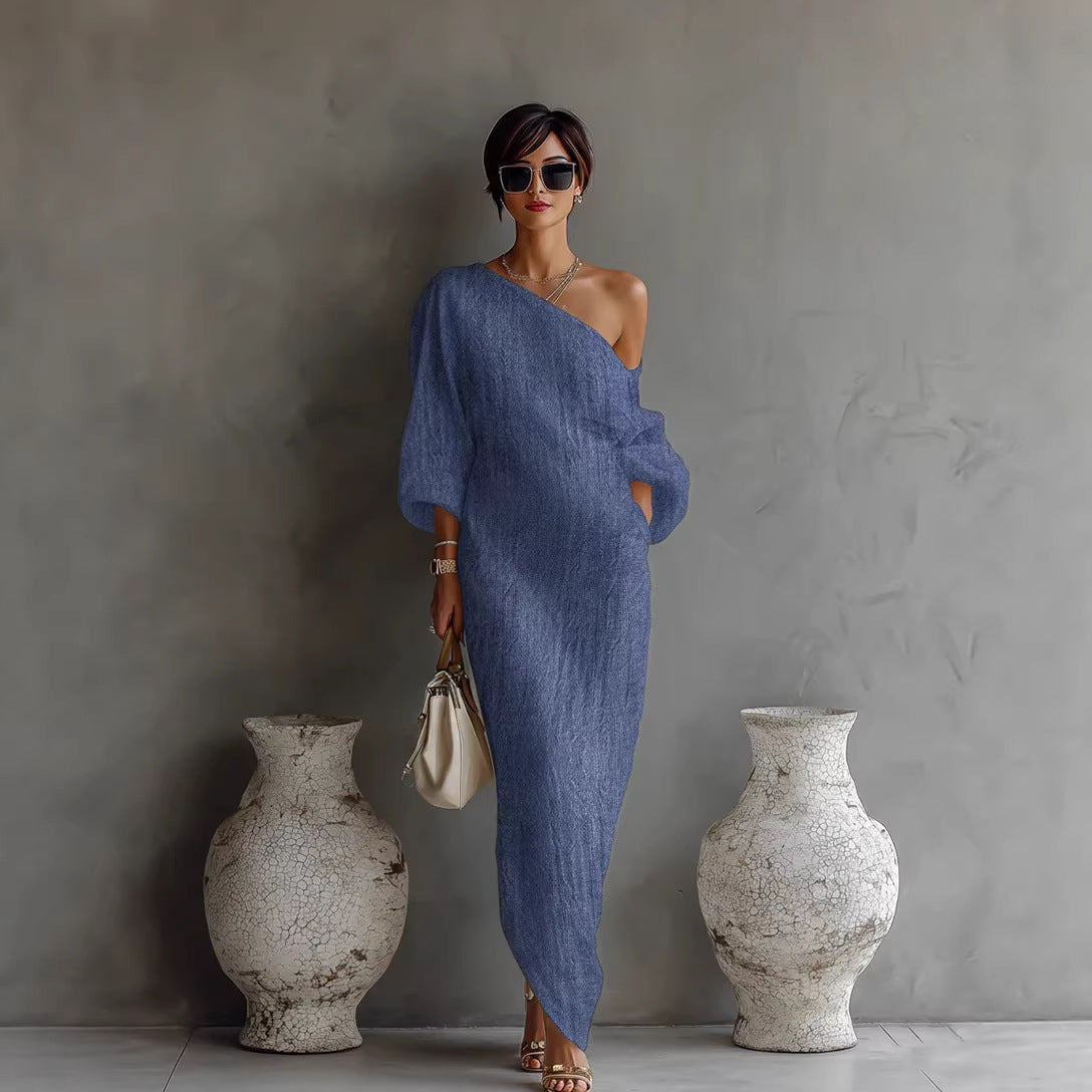 Women's Gray Slanted Neckline Lantern Sleeve Loose Fit Maxi Dress