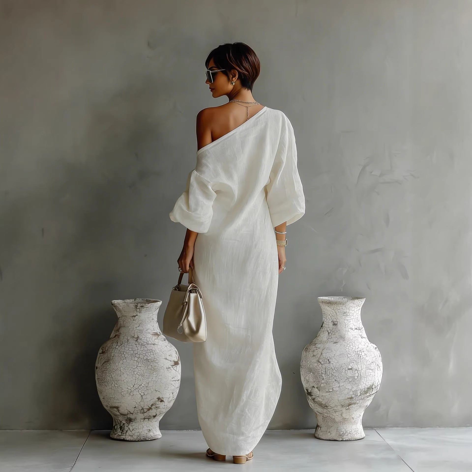 Women's Gray Slanted Neckline Lantern Sleeve Loose Fit Maxi Dress