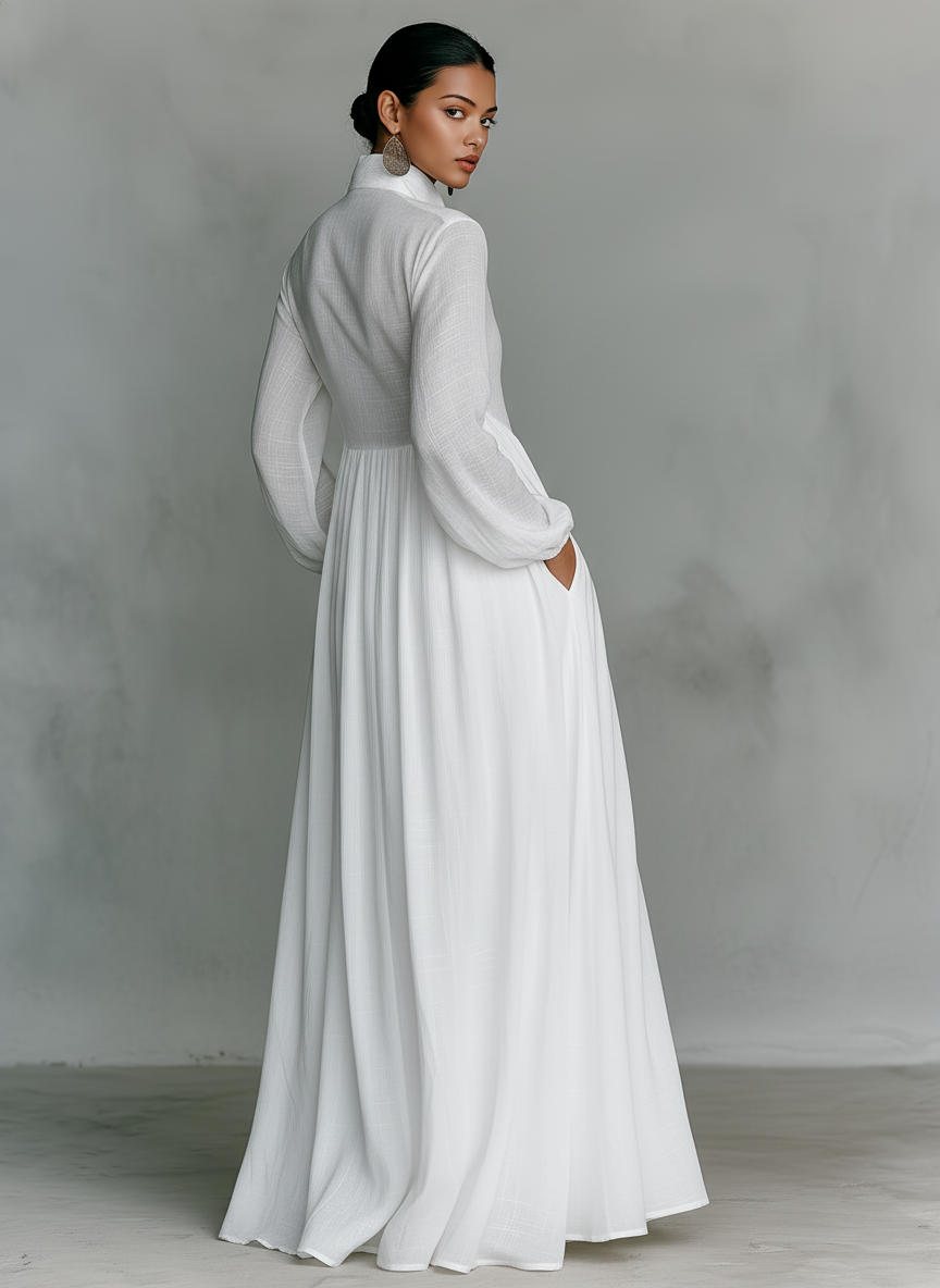 Women's White Maxi Dress | Single-Breasted Stand Collar Long Sleeve Patchwork Casual Dress