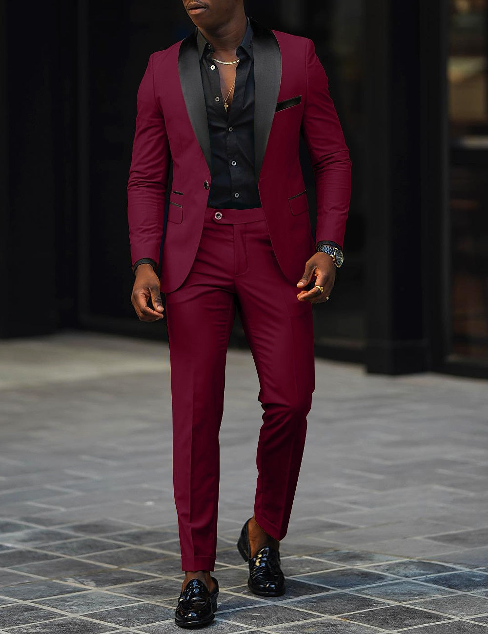 Men's single button suit, alternate angle