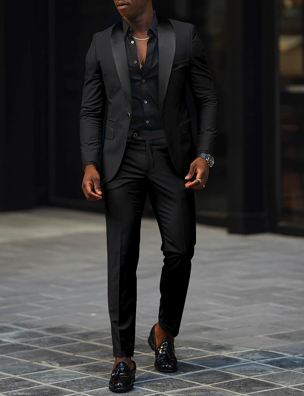 Men's single button suit, trousers view