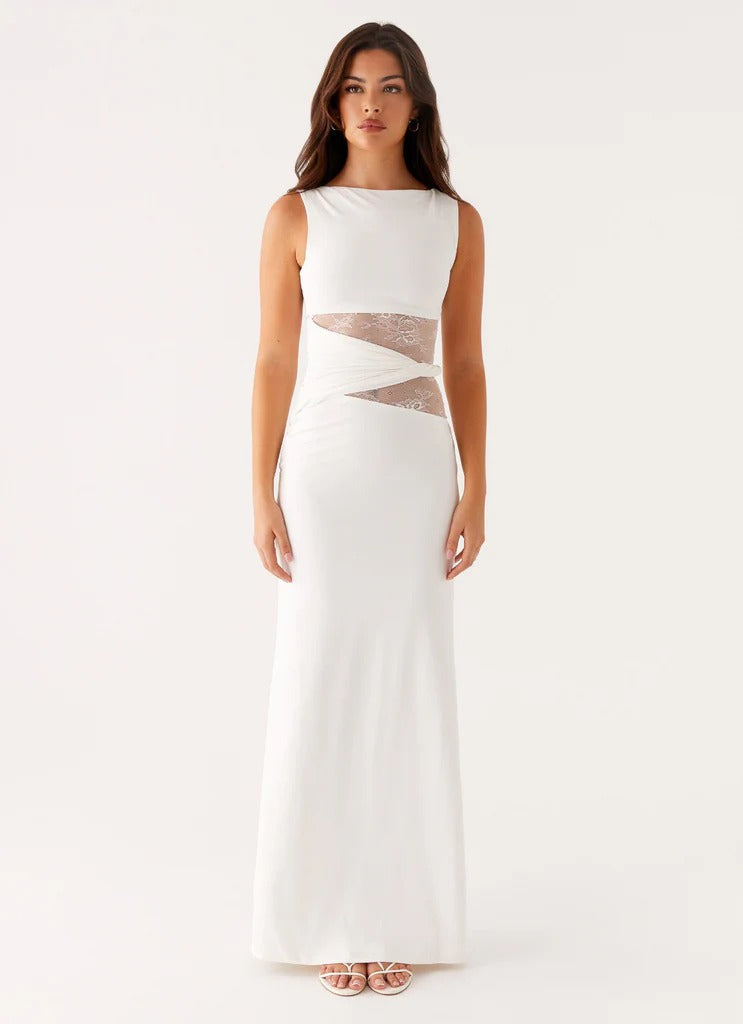 Women's Black Sleeveless Scoop Neck Mesh Cutout Fitted Maxi Evening Dress