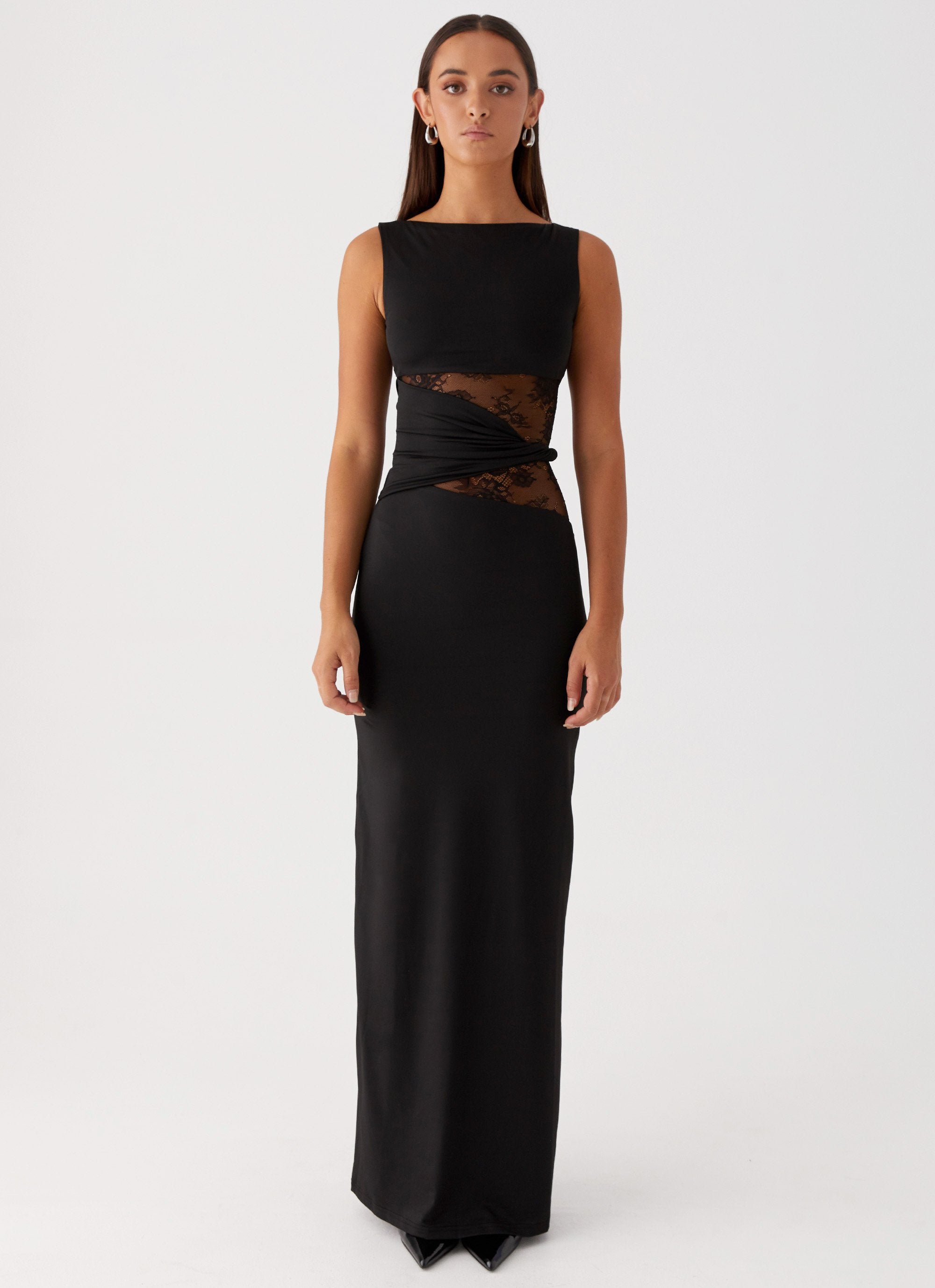 Women's Black Sleeveless Scoop Neck Mesh Cutout Fitted Maxi Evening Dress